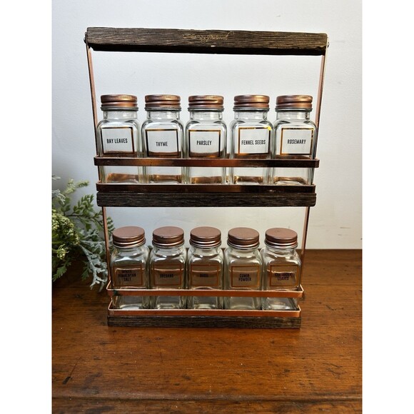 Vintage-esque Copper & Wood Spice Rack Urban Gourmet 10 Glass Jars - Picture 1 of 11